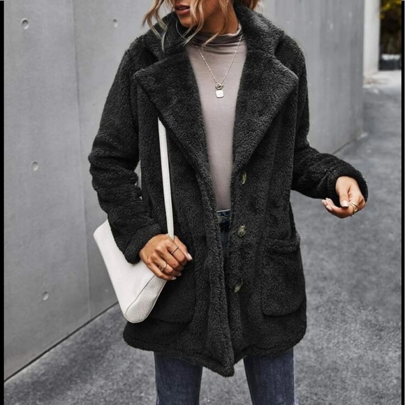 Black comfy button pocket teddy jacket coat - Picture 4 of 14